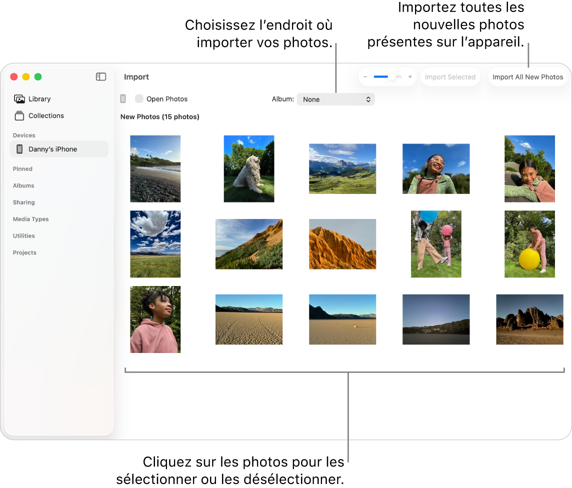 La fenêtre Importer de Photos sur Mac affichant de nouvelles photos sur un appareil. En haut et au centre se trouve le menu local Album. Les boutons pour l’importation se trouvent en haut à droite.