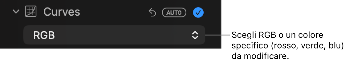 I controlli Curve nel pannello Regola con l’opzione RGB selezionata nel menu a comparsa.