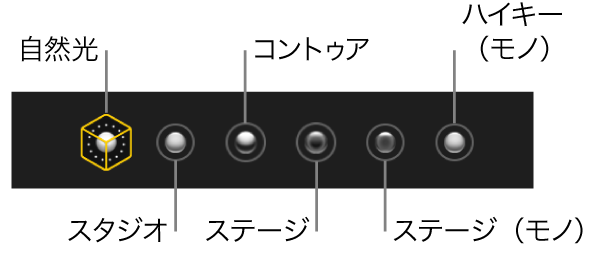 「ポートレート」モードの照明エフェクトの選択肢。（左から右へ）自然光、スタジオ、輪郭、ステージ、ステージ（モノ）、ハイキー（モノ）があります。
