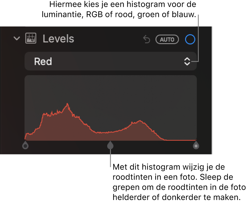De niveauregelaars in het paneel 'Pas aan', met het histogram 'Rood' met daaronder grepen waarmee je de roodniveaus van de foto aanpast.