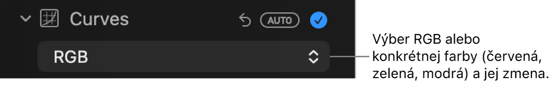 Ovládacie prvky Krivky na paneli Úpravy zobrazujúce možnosť RGB vybranú vo vyskakovacom menu.