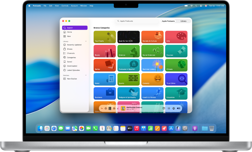 The Apple Podcasts window showing Search highlighted in the sidebar and a list of podcast categories.