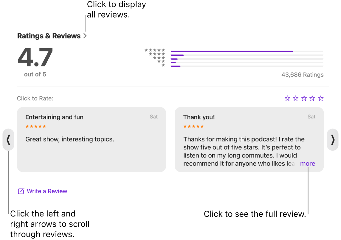 The Ratings & Reviews section for a show in Podcasts. Click the left and right arrows at the edges of the screen to scroll backward or forward. Click “more” to see an entire review.