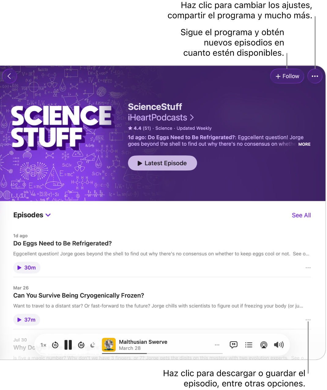 Una página de información de un podcast, con los botones Seguir y Más del programa en la parte superior. En la parte inferior de la página hay un resumen del episodio y el botón Más del episodio.
