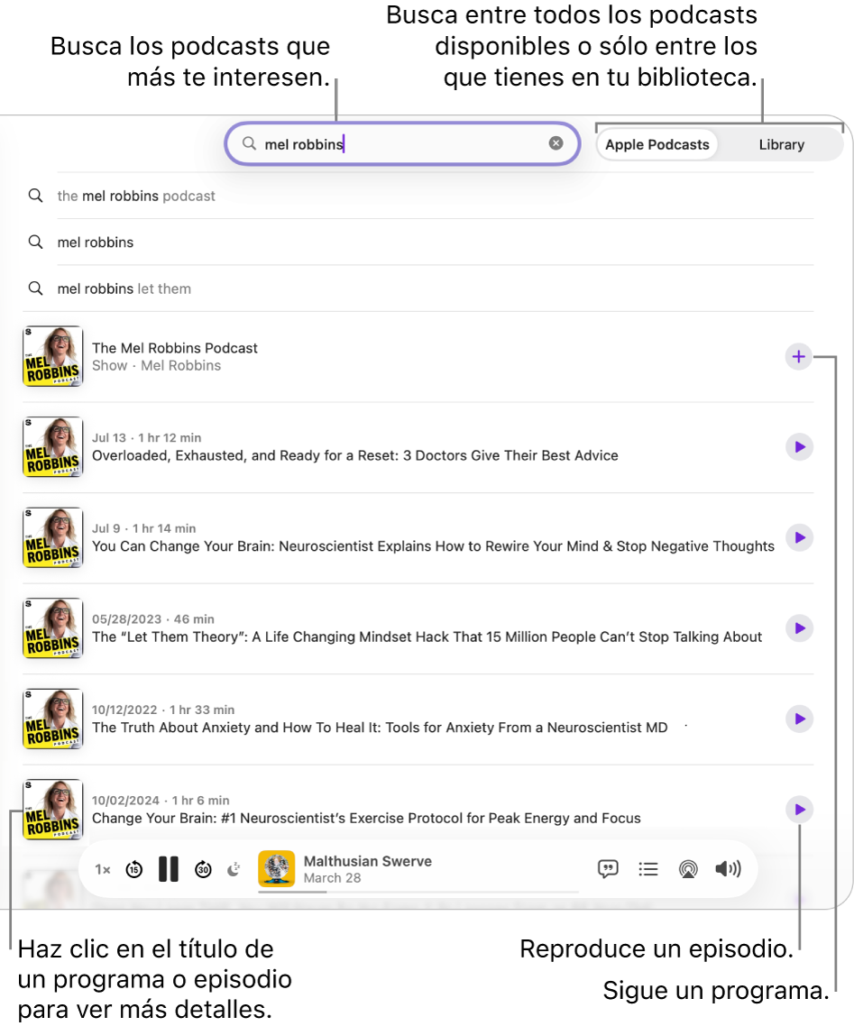 La ventana de Podcasts con texto introducido en el campo de búsqueda en la parte superior central, y programas y episodios que cumplen el criterio de búsqueda de todos los podcasts en la pantalla de debajo. Haz clic en un resultado para ver los detalles. Haz clic en el botón Seguir junto a una serie para seguirla. Haz clic en el botón Reproducir de un episodio para reproducirlo.