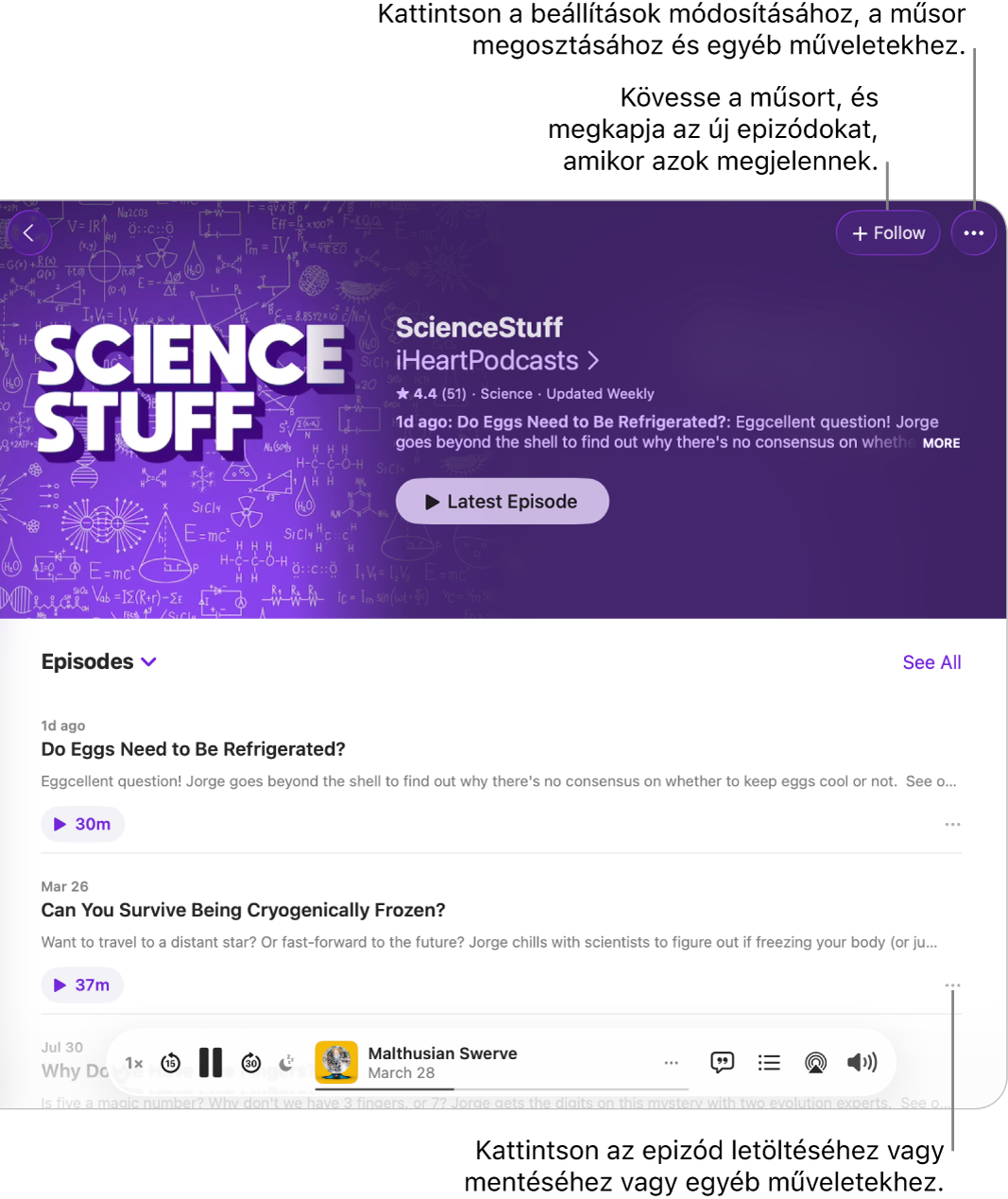 Egy podcast információs oldala a műsor Követés és Továbbiak gombjával felül. Alul az epizód összegzési oldala és a Továbbiak gombja található.