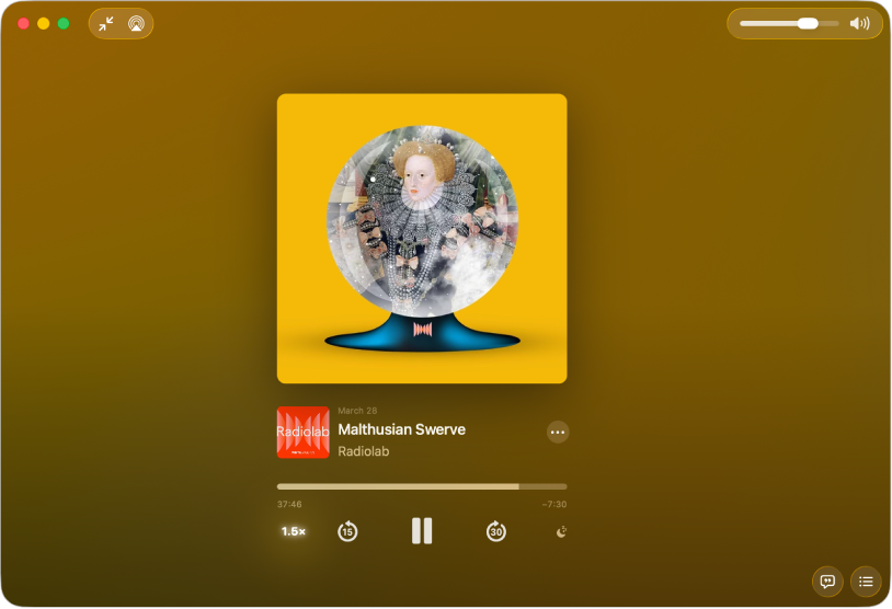 Aplikacja Podcasty na Macu wyświetlająca ekran Odtwarzane. Na dole okna Podcastów widoczna jest szybkość odtwarzania oraz przyciski przewijania do tyłu, pauzy/odtwarzania, przewijania do przodu i minutnika usypiania.