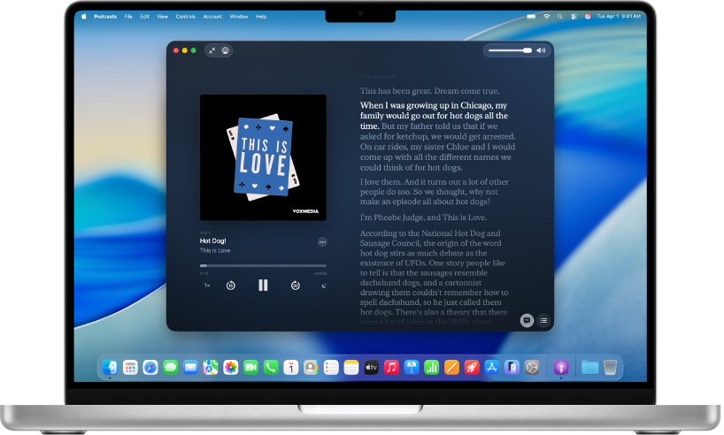Програма Apple Podcasts на Mac, показує стенограму епізоду. Виділені слова показують, що саме зараз звучить в подкасті.
