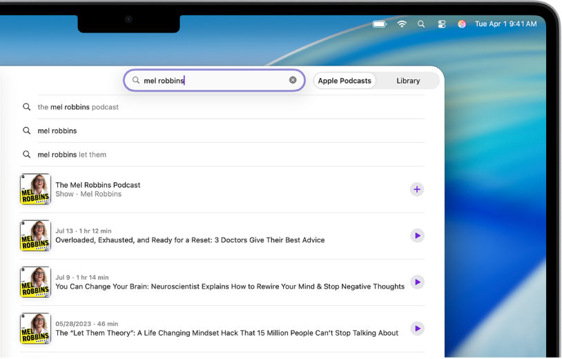 Вікно Apple Podcasts з пошуковим запитом і списком результатів пошуку.