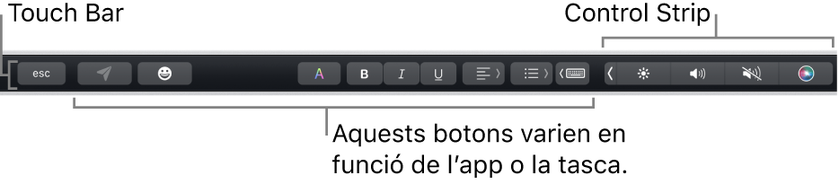 La Touch Bar, situada a la part superior del teclat, que mostra la Control Strip contreta, a la dreta, i botons que varien segons l’app o la tasca.
