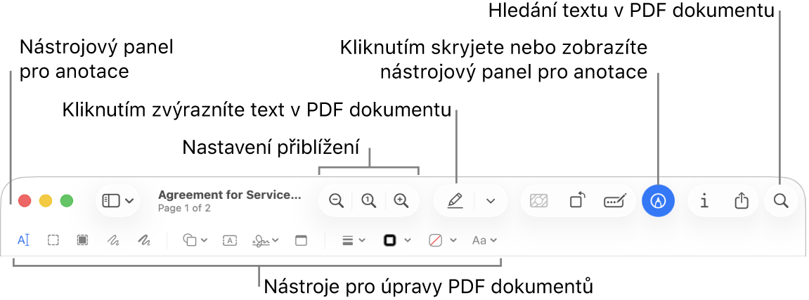 Nástrojový panel Anotace pro komentování PDF souborů
