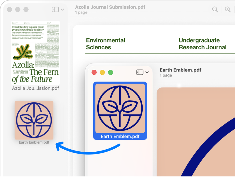 Eine Seitenminiatur wird aus der Seitenleiste einer PDF-Datei in die Seitenleiste einer anderen PDF-Datei bewegt.