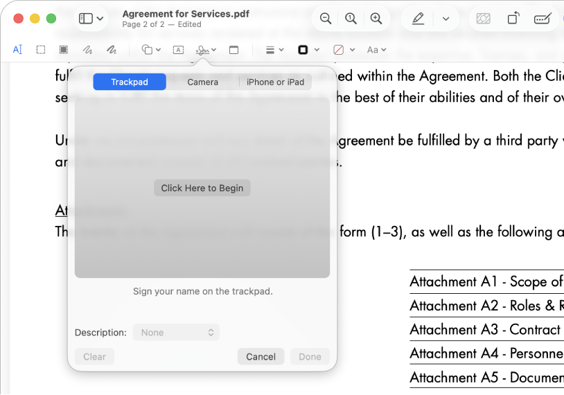 Un PDF dans la fenêtre de l’app Aperçu, avec l’outil de signature.