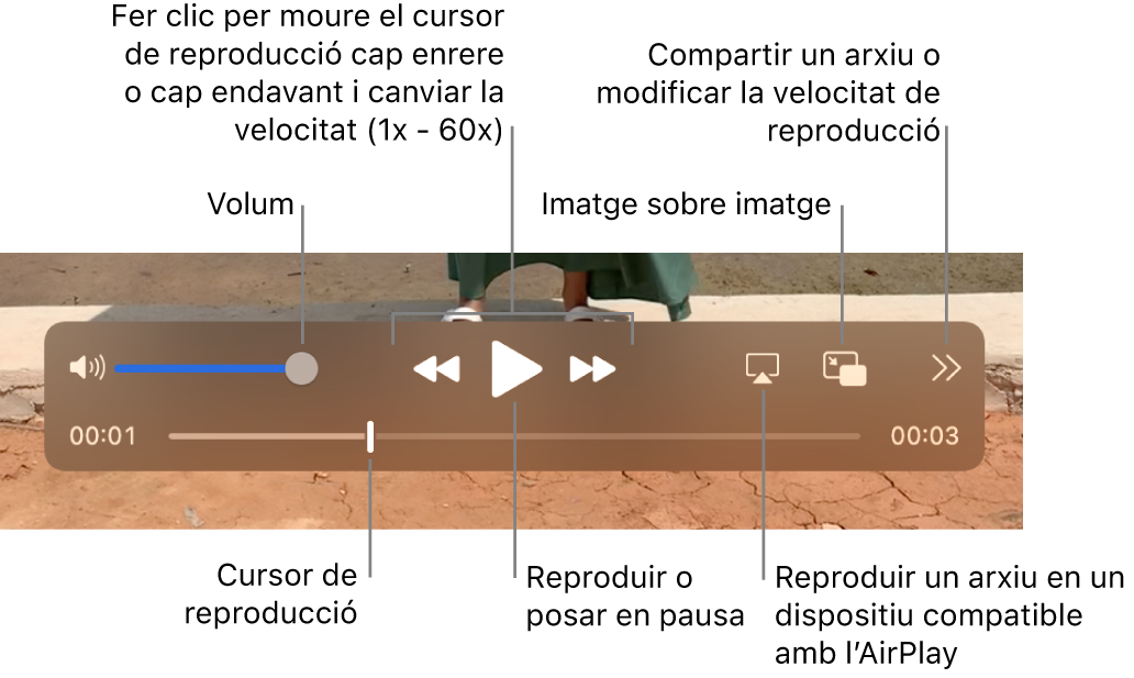 Controls de volum i per rebobinar, reproduir, avançar, reproduir un arxiu en un dispositiu AirPlay i canviar la velocitat de reproducció.