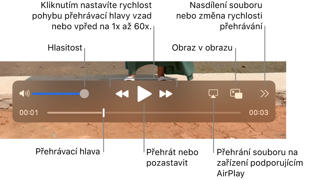 Ovládací prvky pro úpravu hlasitosti, posun zpět, přehrávání, posun vpřed, přehrávání souborů na zařízení podporujícím technologii AirPlay a pro úpravu rychlosti přehrávání