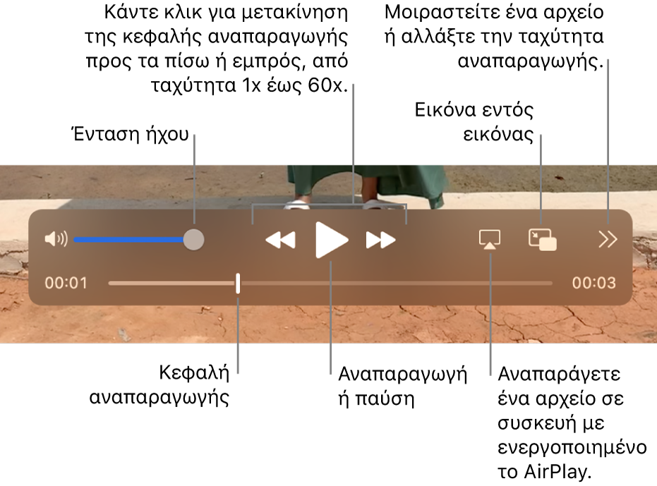 Στοιχεία ελέγχου για ένταση ήχου, γρήγορη επαναφορά, αναπαραγωγή, γρήγορη προώθηση, αναπαραγωγή αρχείου σε συσκευή με δυνατότητα AirPlay, και αλλαγή της ταχύτητας αναπαραγωγής.