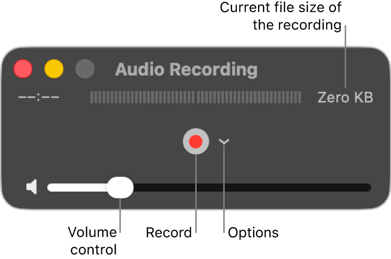 The Audio Recording window with the Record button and the Options pop-up menu in the centre of the window, and the volume control at the bottom.