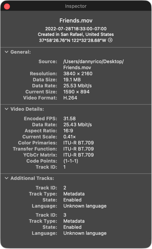 The Movie Inspector showing general information about the file including resolution, data size, and video and audio format. The window also shows video and audio details about the selected file.