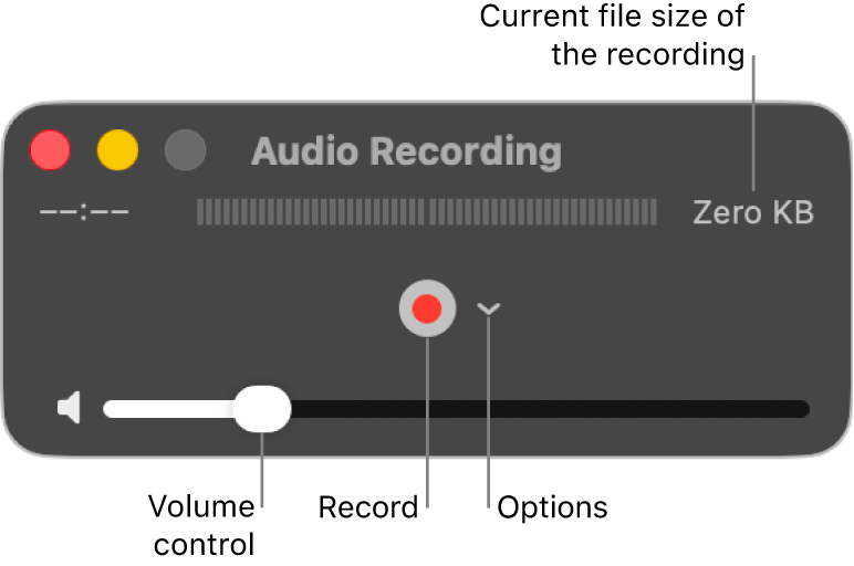 The Audio Recording window with the Record button and the Options pop-up menu in the center of the window, and the volume control at the bottom.