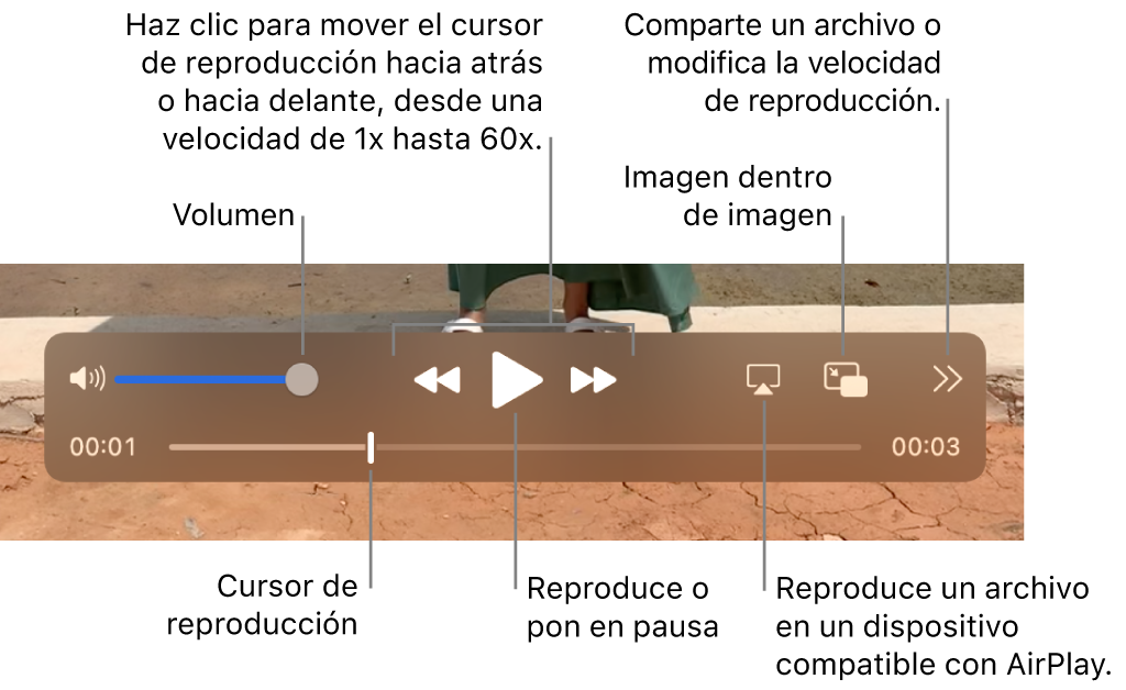 Controles para volumen, retroceder, reproducir, avanzar rápidamente, reproducir un archivo en un dispositivo compatible con AirPlay y cambiar la velocidad de reproducción.