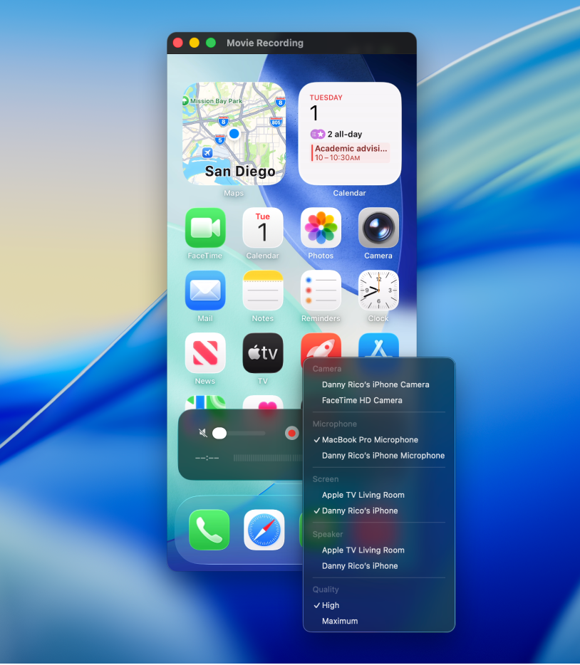 Macin QuickTime Player -ikkuna iPhonella tallennuksen aikana.
