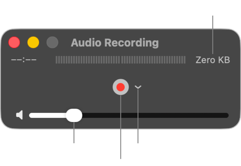 La fenêtre d’enregistrement audio avec le bouton Enregistrer et le menu local Options au centre de la fenêtre, et le contrôle du volume en bas.