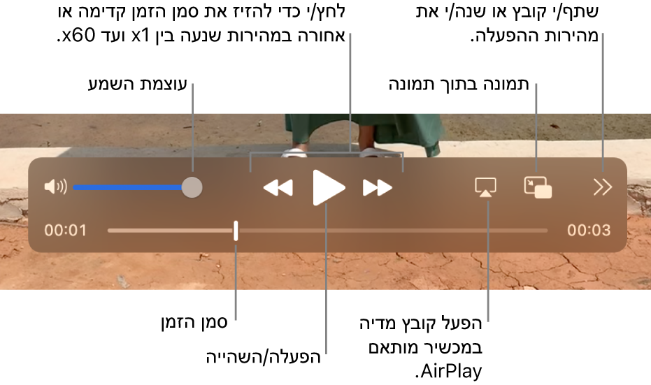 אפשרויות עוצמת קול, הרצה אחורה, הפעלה, הרצה קדימה, הפעלת קובץ במכשיר תומך AirPlay ושינוי מהירות ההפעלה.