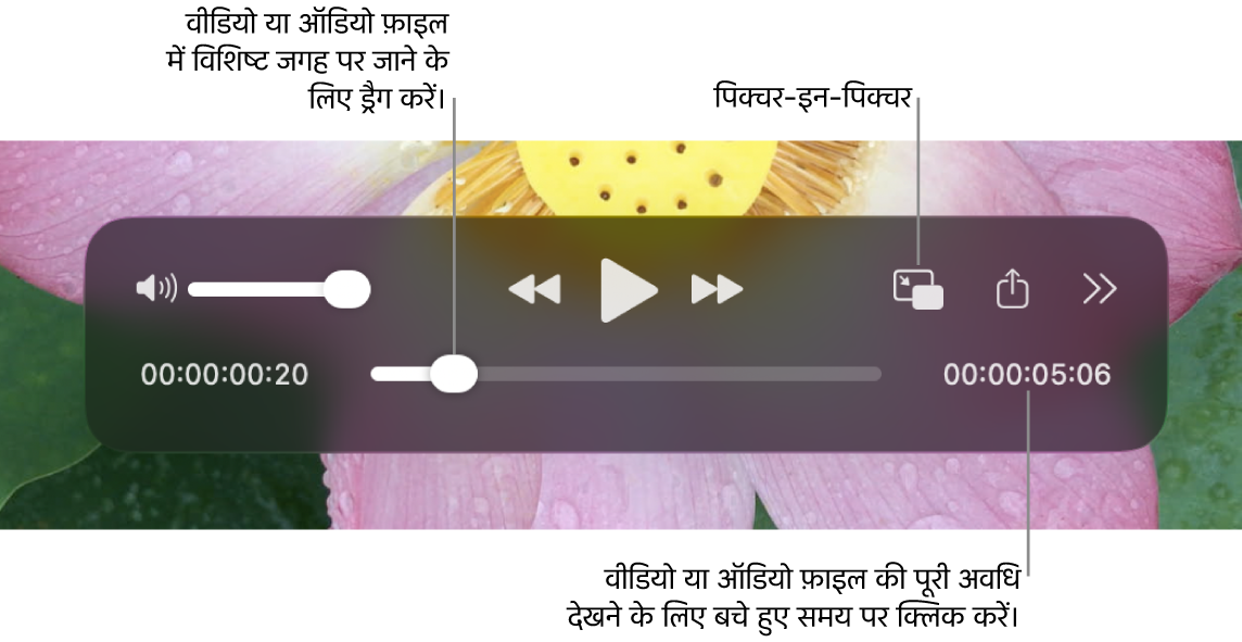 QuickTime Player प्लेबैक नियंत्रण। शीर्ष पर वॉल्यूम कंट्रोल, रिवाइंड बटन, प्ले/पॉज़ बटन, फ़ास्ट फ़ॉरवर्ड बटन, बाहरी प्लेबैक मेन्यू, पिक्चर इन पिक्चर प्लेबैक बटन और अधिक कंट्रोल दिए गए हैं। सबसे नीचे प्लेहेड होता है, जिसे ड्रैग करके आप फ़ाइल में किसी विशिष्ट जगह पर जा सकते हैं। फ़ाइल का बचा हुआ समय सबसे नीचे दाईं ओर दिखता है।