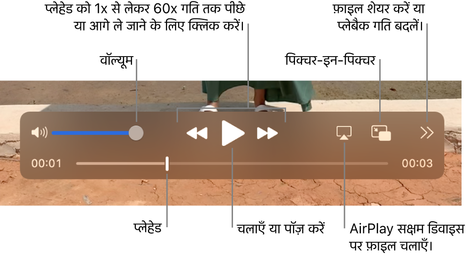 वॉल्यूम, रिवाइंड करने, चलाने, फ़ास्ट फ़ॉरवर्ड करने, AirPlay-सक्षम डिवाइस पर फ़ाइल चलाने, और प्लेबैक गति बदलने के लिए नियंत्रण।