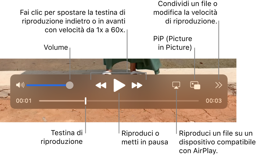Controlli per volume, riavvolgimento, riproduzione, avanzamento veloce, riproduzione di un file su un dispositivo compatibile con AirPlay e cambio della velocità di riproduzione.