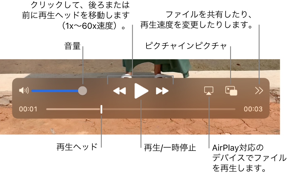 音量、早戻し、再生、早送り、AirPlay対応デバイスでのファイルの再生、再生速度の変更のコントロール。