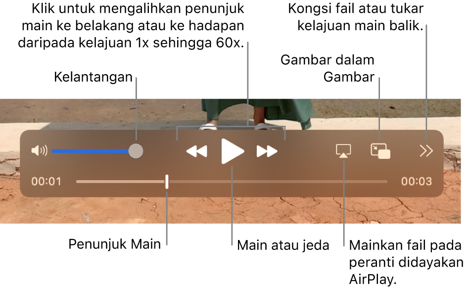 Kawalan untuk kelantangan, putar balik, main, maju pantas, memainkan fail pada peranti didayakan AirPlay, serta menukar kelajuan main balik.