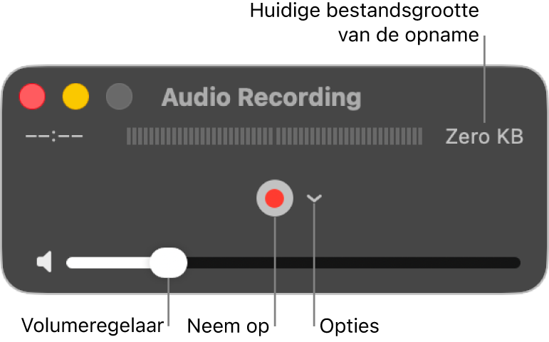 Het venster 'Audio-opname' met in het midden de opnameknop en het pop‑upmenu 'Opties', en onderin de volumeregelaar.