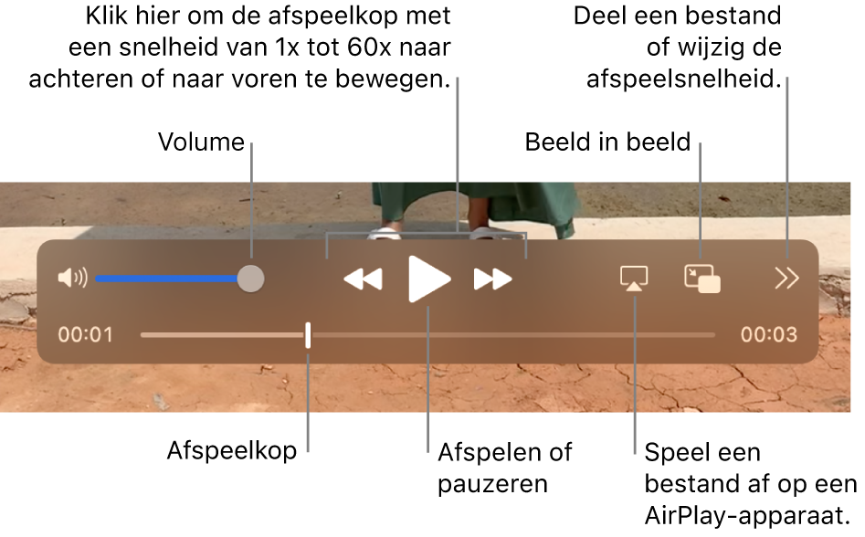 Regelaars voor volume, terugspoelen, afspelen, vooruitspoelen, afspelen van een bestand op een AirPlay-apparaat, en wijzigen van de afspeelsnelheid.