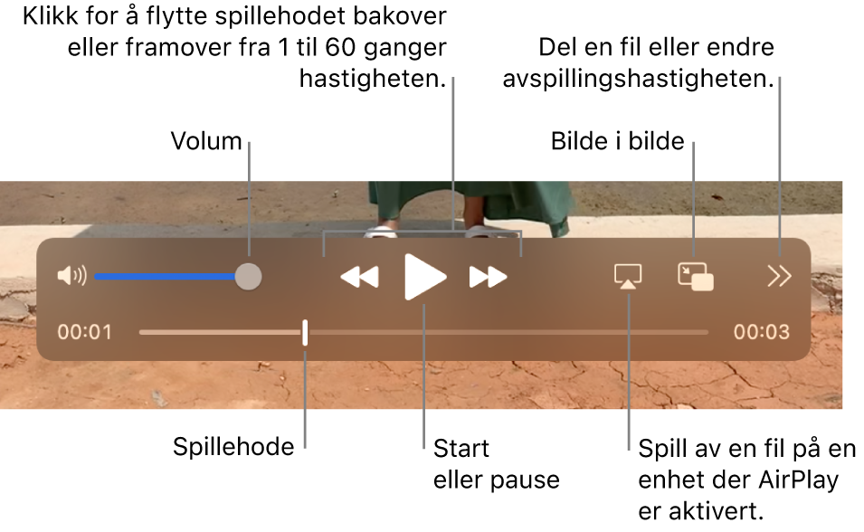 Kontroller for volum, tilbakespoling, avspilling, foroverspoling, avspilling av en fil på en AirPlay-aktivert enhet og endring av avspillingshastighet.
