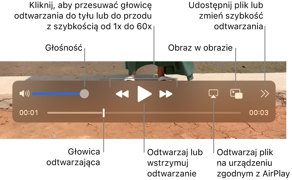 Sterowanie głośnością, przewijaniem do tyłu, odtwarzaniem, przewijaniem do przodu, odtwarzaniem pliku na urządzeniu zgodnym z AirPlay oraz zmienianiem szybkości odtwarzania.