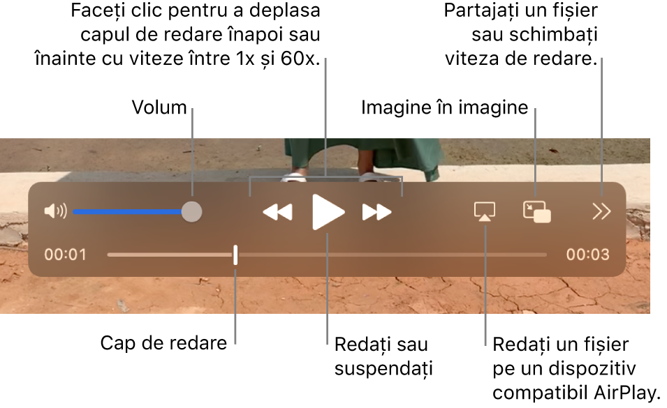 Comenzi pentru volum, derulare înapoi, redare, derulare repede înainte, redarea unui fișier pe un dispozitiv compatibil AirPlay și schimbarea vitezei de redare.