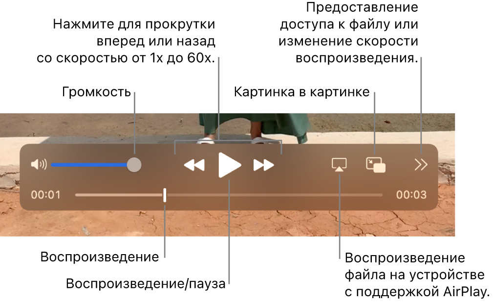 Элементы управления громкостью, перемоткой назад, воспроизведением, перемоткой вперед, воспроизведением на устройстве с поддержкой AirPlay и изменением скорости воспроизведения.