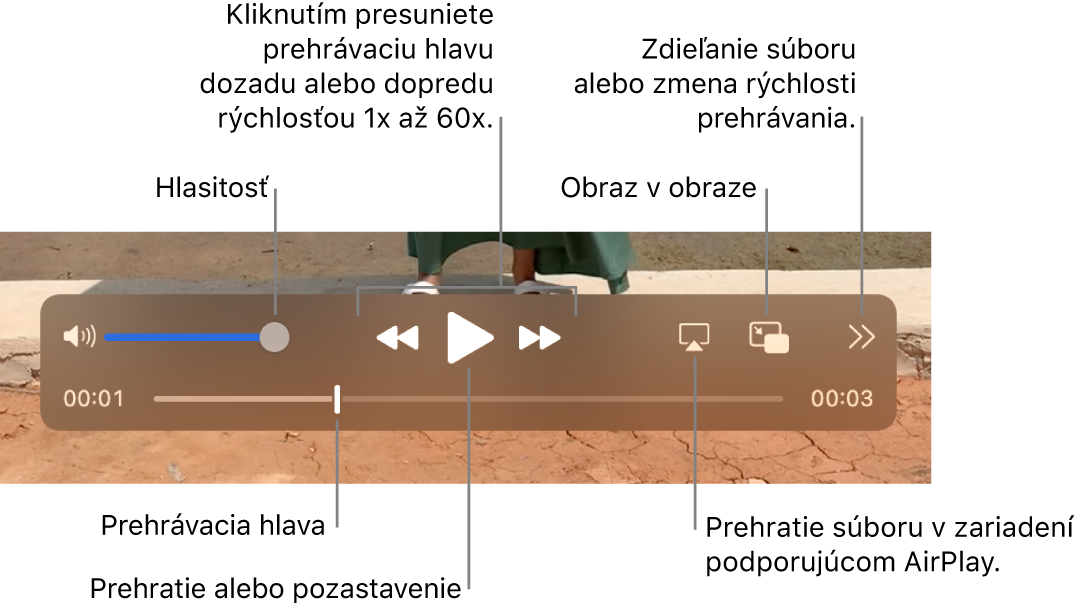 Ovládacie prvky pre hlasitosť, prevíjanie dozadu, prehrávanie, prevíjanie dopredu, prehrávanie súboru na zariadení podporujúce AirPlay a zmena rýchlosti prehrávania.