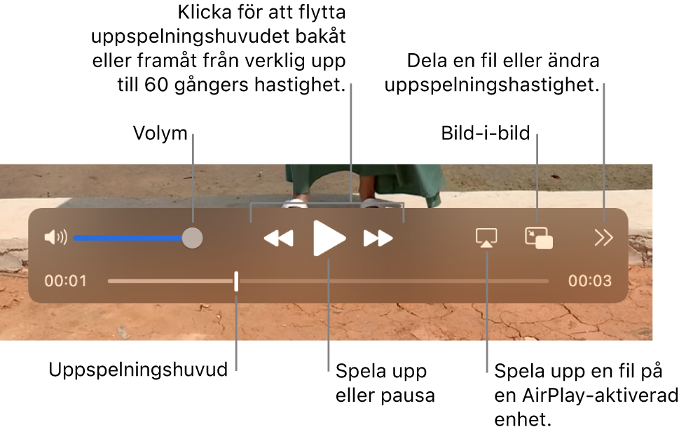 Reglage för volym, spola bakåt, spela upp, spola framåt, spela en fil på en AirPlay-kompatibel enhet och ändra uppspelningshastighet.