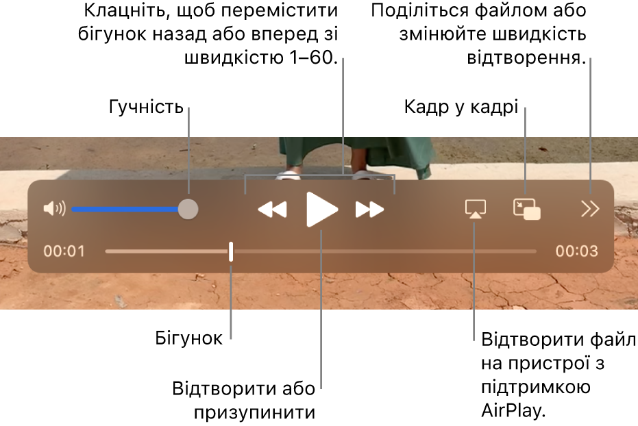 Елементи керування гучністю, перемотуванням назад і вперед, звичайним відтворенням, а також відтворенням файлу на пристрої з підтримкою AirPlay та змінюванням швидкості відтворення.