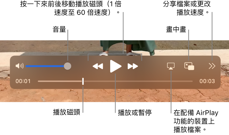 音量、回帶、播放、快轉、在已啟用 AirPlay 的裝置上播放檔案，以及更改播放速度的控制項目。