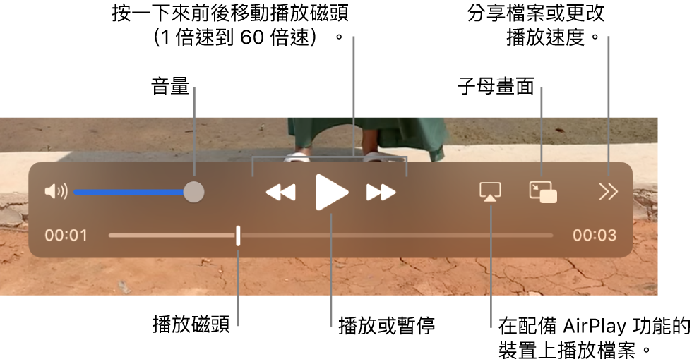 音量、倒轉、播放、快轉、在啟用 AirPlay 的裝置上播放檔案和更改播放速度的控制項目。
