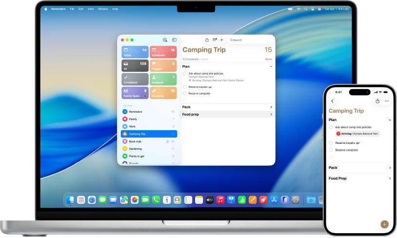 The Reminders app on Mac and iPhone showing the same list of reminders.