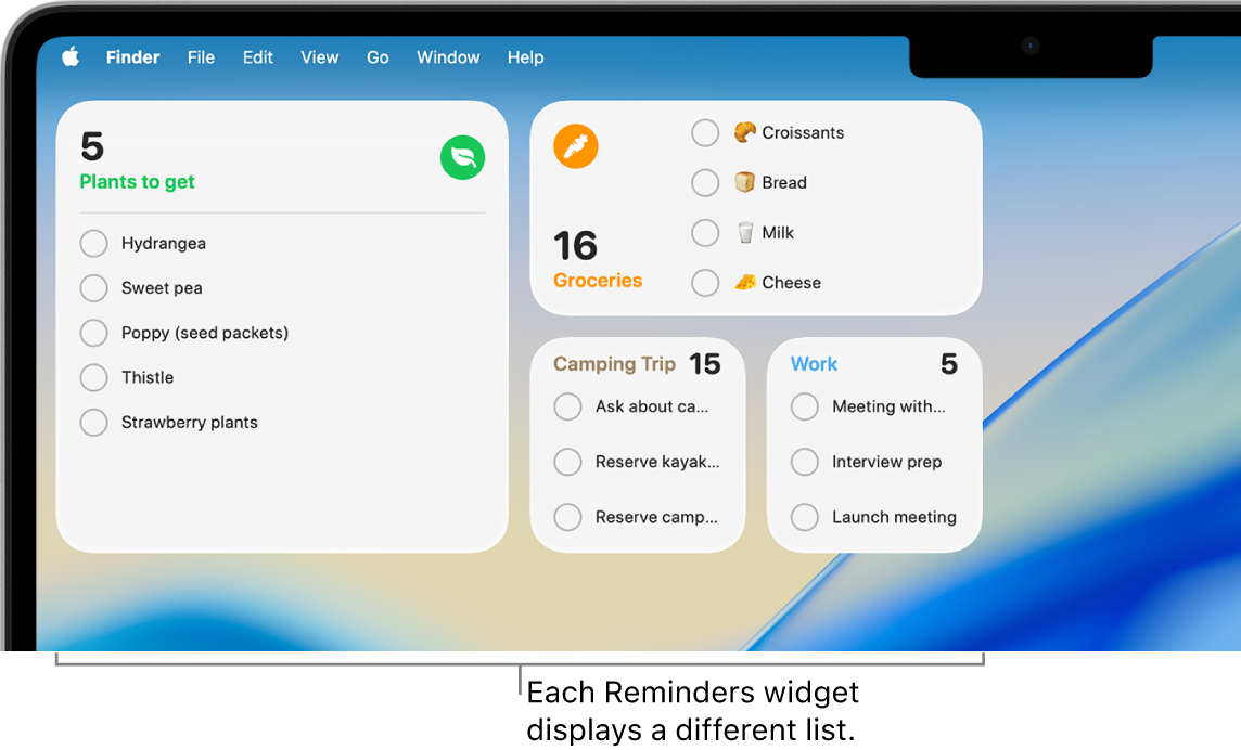 Four Reminders widgets on the desktop, each showing a different list.