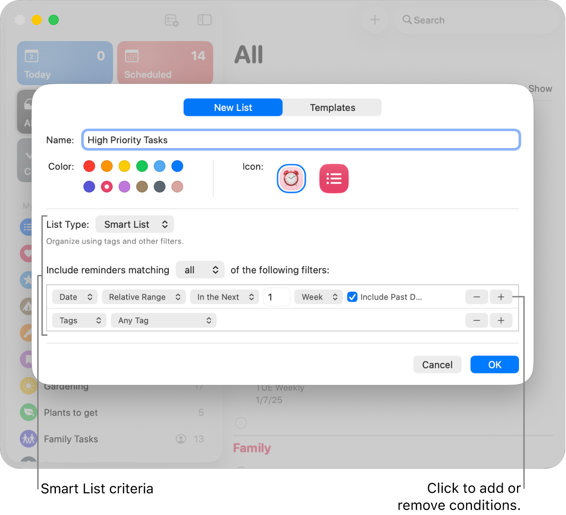 The New Smart List dialog, showing the fields used to specify the criteria.