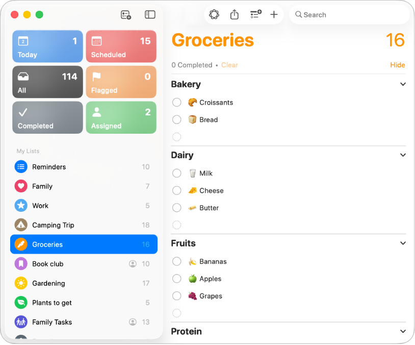 A grocery list in the Reminders app, with eight grocery items that have been automatically sorted into sections: croissants and bread in Bakery; milk, cheese, butter in Dairy; bananas, apples, grapes in Fruits; and the Protein section.
