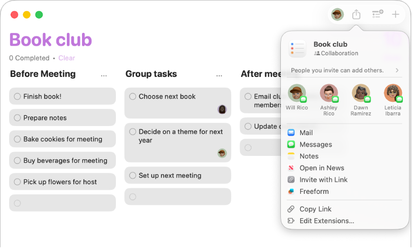 A Reminders app window showing the Share button and pop-up menu.
