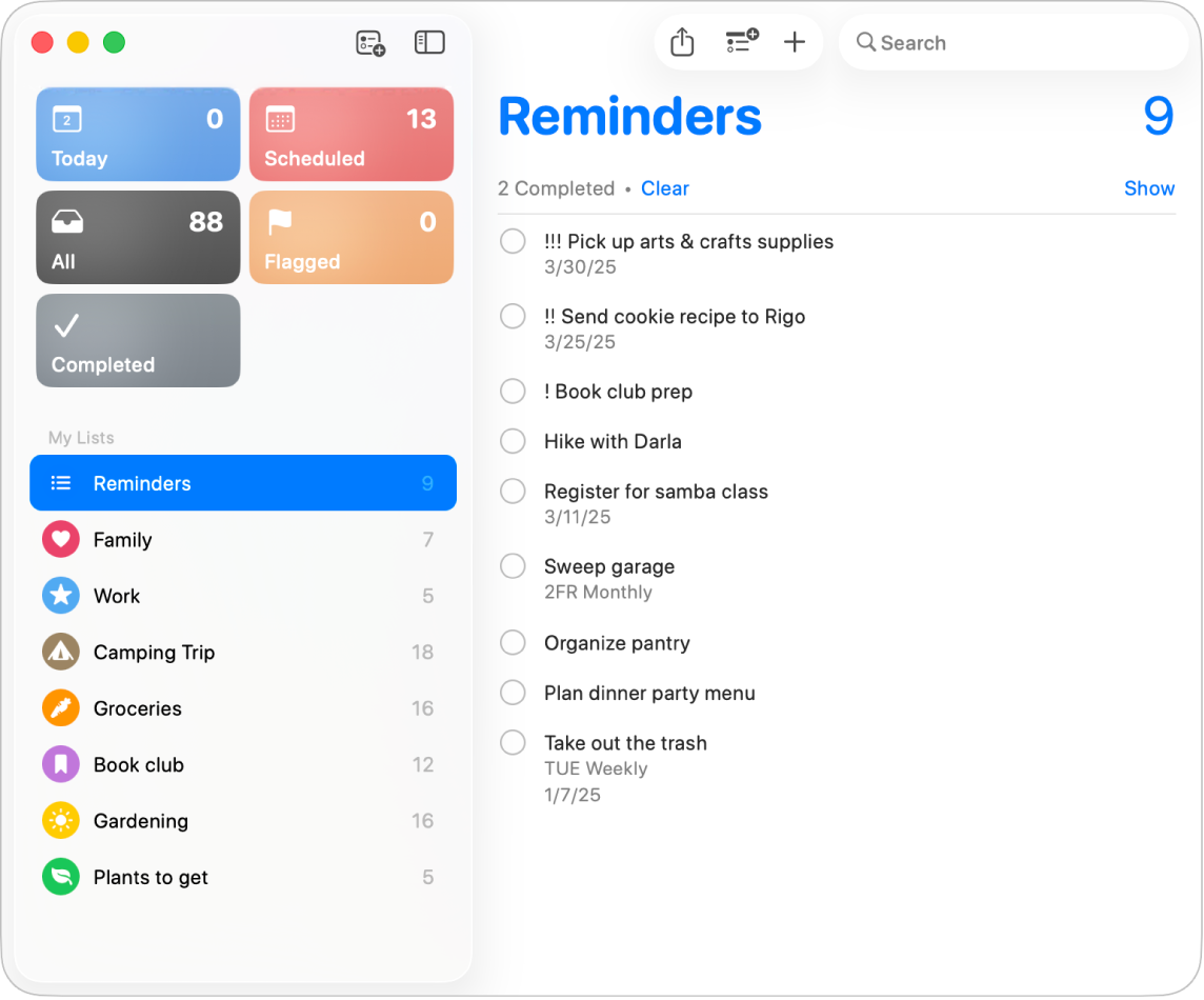 A Reminders window showing reminder lists from an iCloud account in the sidebar.