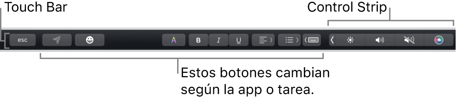 La Touch Bar en la parte superior del teclado, con la Control Strip contraída a la derecha y botones que varían según la app o la tarea.